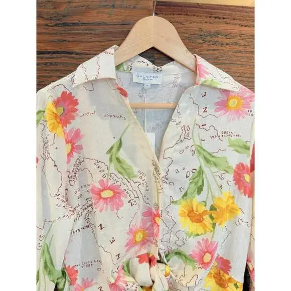 Calypso St.Barth Vibrant Linen Buttton Down Front-Tie Shirt NWT - Picture 3 of 8